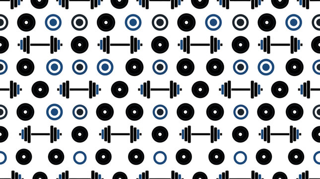 Seamless pattern of dumbbells and weight plates, fitness concept graphic element