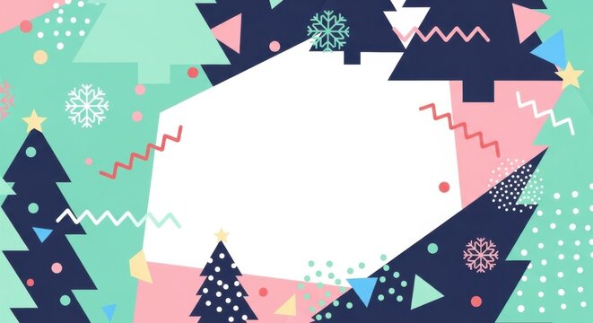 Dark festive background with trees and snowflakes in modern flat winter holiday illustration.