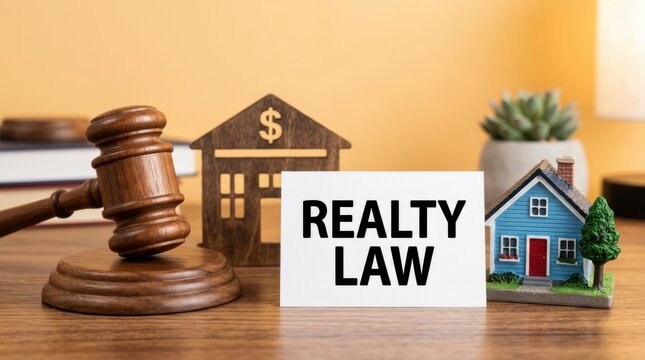 Realty law concept with wooden judge gavel and house models, real estate legal services and property litigation, mortgage foreclosure and auction