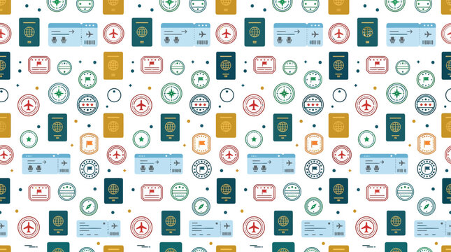 Travel concept seamless pattern with passport, tickets, and stamps, flat vector illustration
