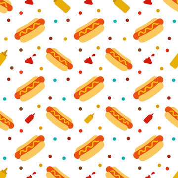Seamless hot dog pattern with mustard and ketchup dots, flat graphic element