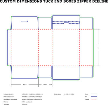 Technical Zipper Die Line Diagram for Custom Tuck End Boxes packaging design ecommerce branding product prototyping custom manufacturing print ready graphics