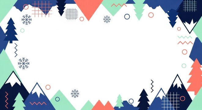 Cold winter forest and mountain border with stylized pine trees and snowflake icons blue.