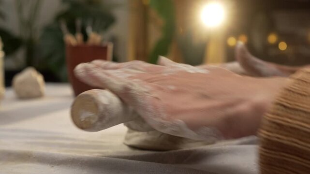A woman's dirty hands use a rolling pin to roll out a large piece of clay into an even layer. The process of creating a piece in a pottery workshop. Small business and hobby concept.