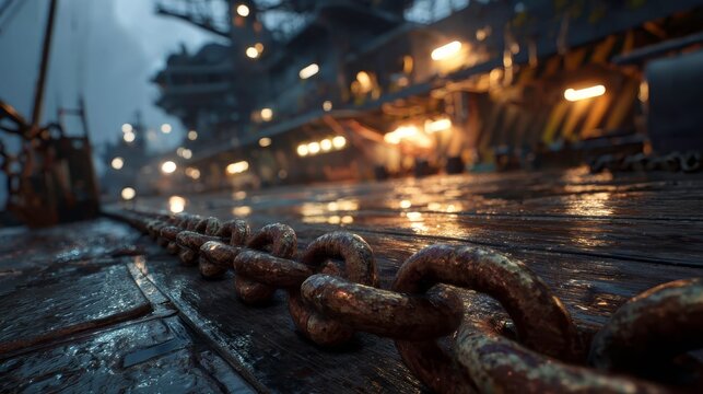Rusty Chain on Wet Wooden Deck of Abandoned Industrial Site