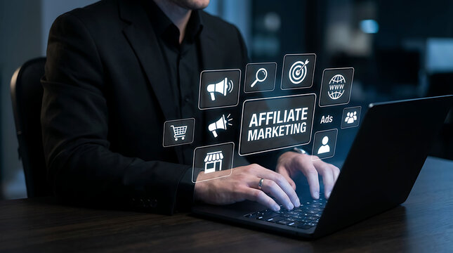 Affiliate marketing strategy concept with digital interface icons and laptop