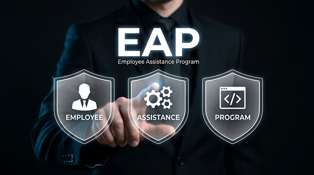 Employee Assistance Program EAP corporate shield protection concept with businessman