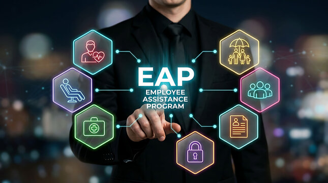 Businessman pointing at neon EAP Employee Assistance Program interface interface