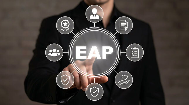 Businessman pressing EAP Employee Assistance Program button on virtual screen