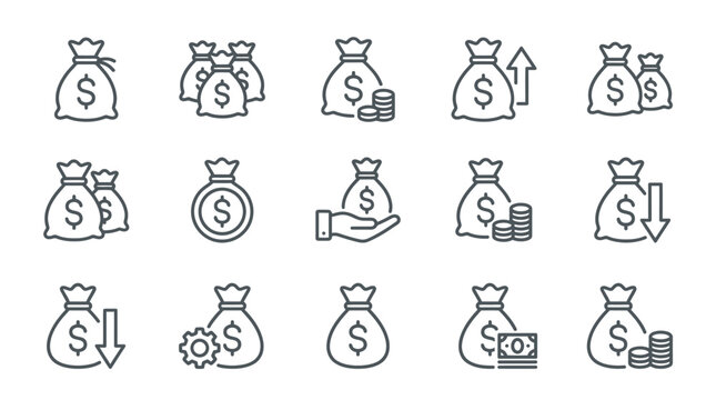 Set of money bag icons financial concepts and business symbols