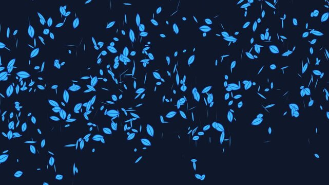 Electric blue leaves swirling through a dark atmosphere in a seamless 3D animation loop featuring stylized digital foliage shapes for tech brand backgrounds