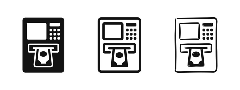 ATM machine with money withdrawal icon set. Automated teller machine symbols in solid, outline, and hand-drawn styles.