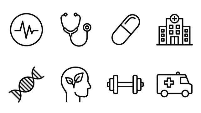 Healthcare Wellness and Medical Outline Icon Set Featuring Heart Monitor Stethoscope Capsule Hospital DNA Fitness and Ambulance Symbols