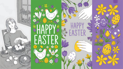 Naklejka premium Woman celebrates Easter with decorated eggs and flowers at home
