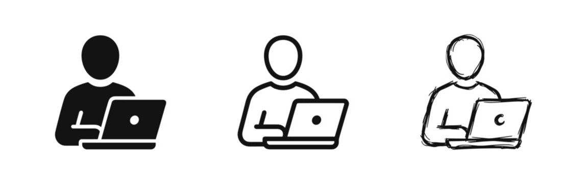 Person working on laptop computer icons in solid, outline and hand-drawn styles