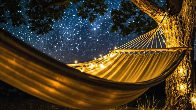 Cozy hammock strung between trees with fairy lights under a starry night sky