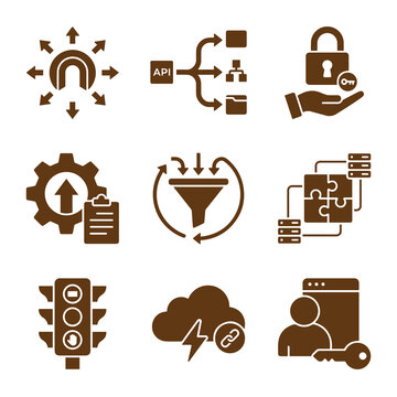 Api management and network security concept vector icon set with security