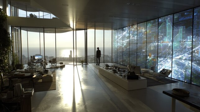 Luxury penthouse interior with panoramic futuristic digital screens.