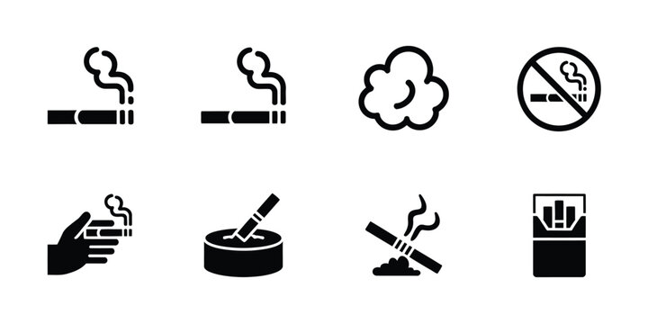 Cigarette icons illustration set, generic smoking symbols cigar signs and tobacco related vector design elements.