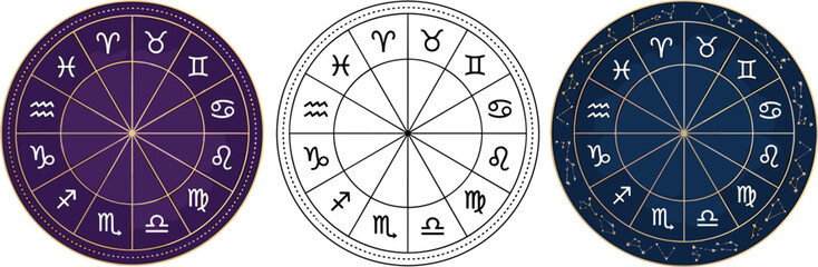 Zodiac wheel and astrology horoscope symbol vector set featuring twelve star signs aries taurus gemini cancer leo virgo libra scorpio and constellations illustration © MSTSULTANA