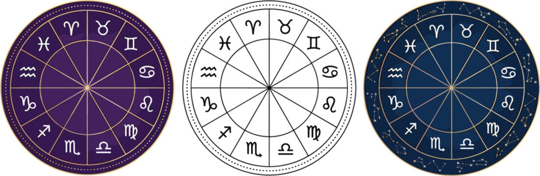 Zodiac wheel and astrology horoscope symbol vector set featuring twelve star signs aries taurus gemini cancer leo virgo libra scorpio and constellations illustration