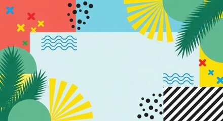 Obraz premium Abstract tropical background with palm leaves and geometric shapes in vibrant flat style.