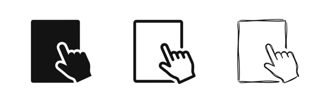 Touch screen icon set. Hand cursor interacting with a tablet or smartphone in solid, outline, and hand-drawn doodle styles.