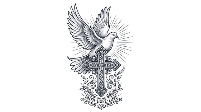 Celtic cross with dove and faith hope love tattoo design