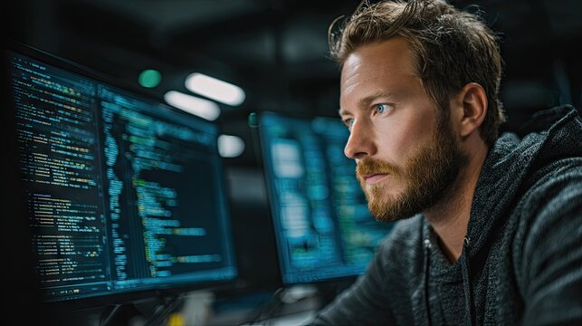 Man examining computer code on digital screens in dark.