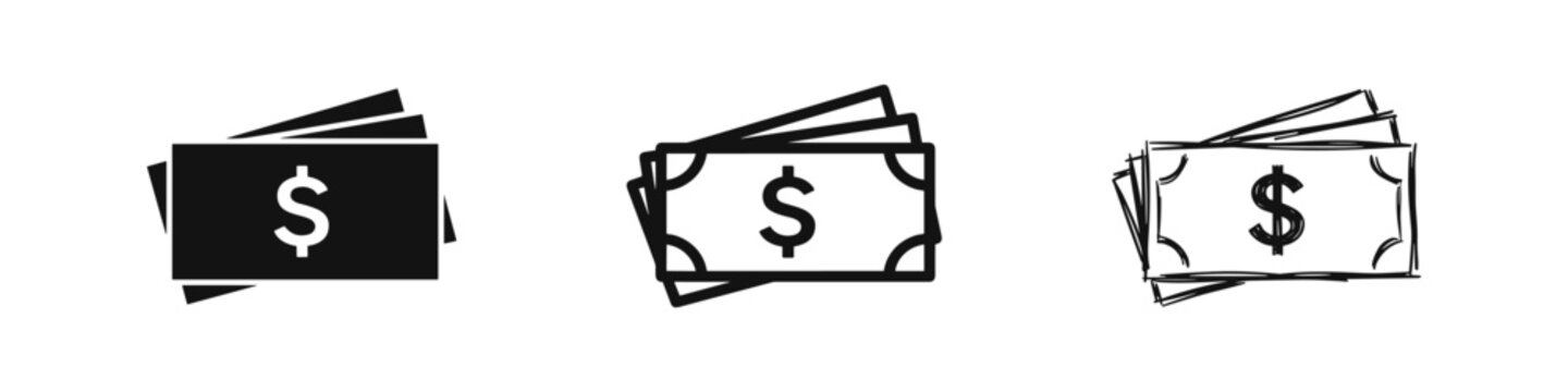 Fanned cash dollar bills icon set for financial concepts