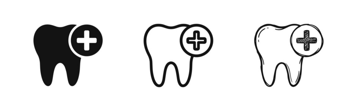 Dental care tooth icon with medical cross in three styles