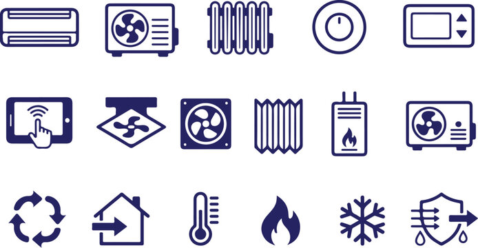 Hvac and climate control system icons set with conditioner ventilation temperature thermostat radiator environment maintenance technology building efficiency regulation appliance interface