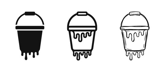 Paint bucket with dripping paint icon set, renovation, painting, and construction symbol. © drawing lines
