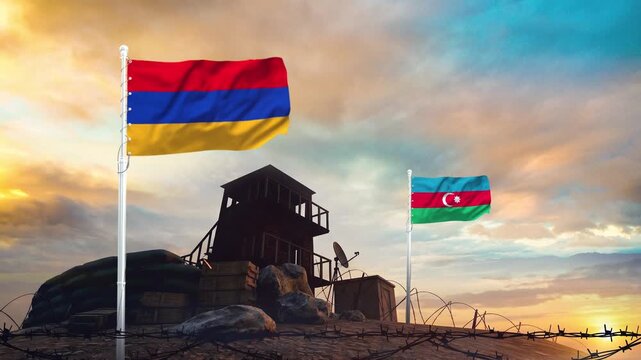Armenian and Azerbaijani flags waving in motion near a military watchtower at sunset