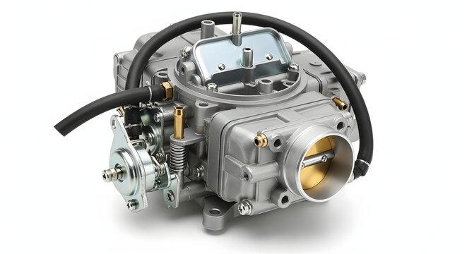 Classic metal carburetor unit with throttle plate and fuel valves.