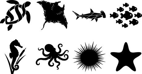 Sea life and ocean animals icon set featuring black vector silhouettes of sea turtle manta ray hammerhead shark school of fish seahorse octopus sea urchin and starfish © fulbabu