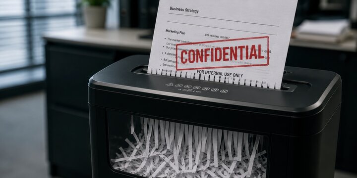 Document labeled Confidential being shredded in an office setting for secure data disposal concepts