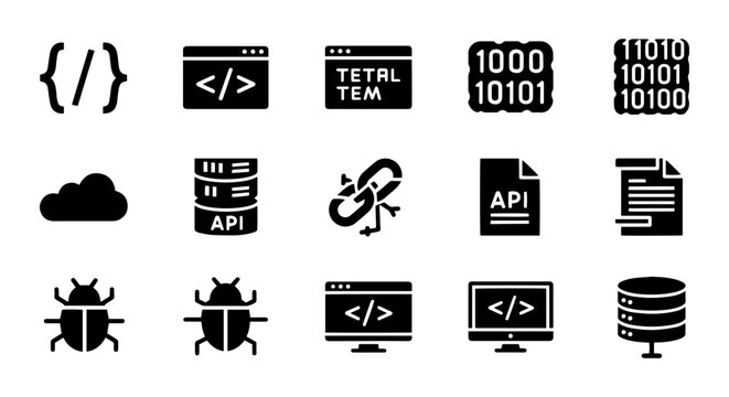 Programming icon set, solid black, white background, vector illustration