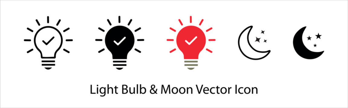 Light Bulb icon set, Idea icon symbol vector. Moon icon set.  Bulb with checkmark icon vector. Light bulb ideas and creativity.