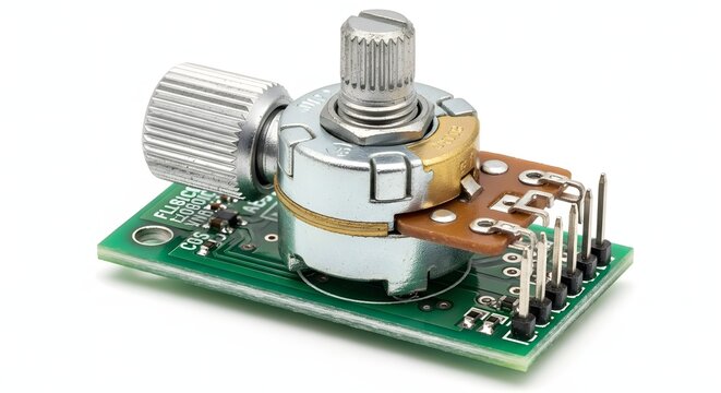 Rotary potentiometer mounted on green printed circuit board unit.