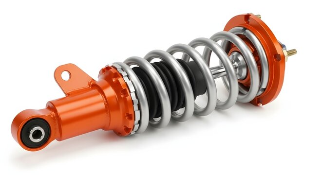 Automotive orange coilover suspension shock absorber isolated on white.