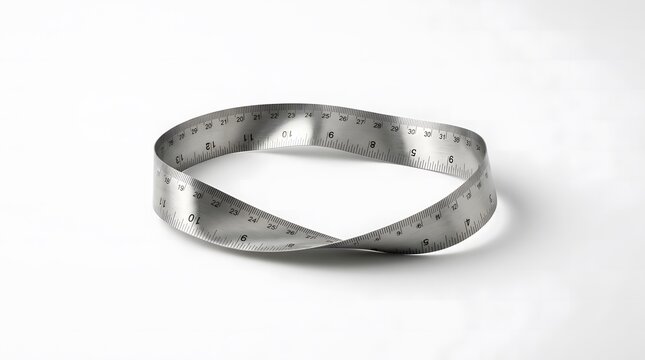 Metallic measuring tape twisted into a moebius strip on white background, infinity concept.