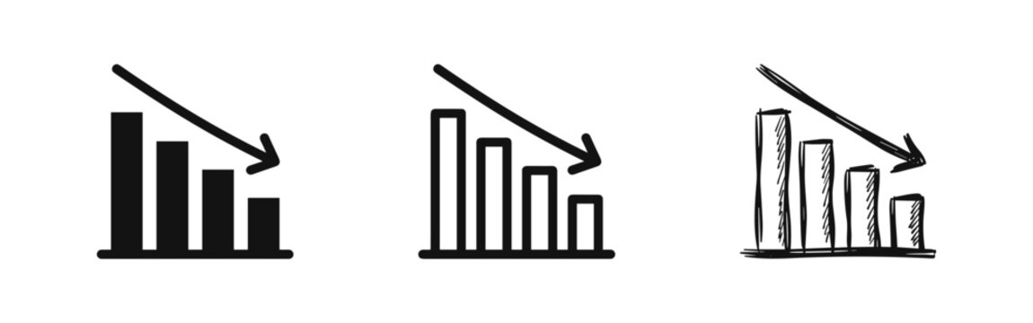 Declining Bar Chart Icons Set with Downward Arrow - Economic Crisis, Loss, and Negative Trend Symbols.