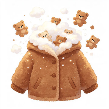 Cute teddy bears emerging from a fluffy brown winter coat with snow falling and sparkling lights