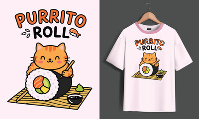 Adorable kitten sushi roll illustration vector graphic t-shirt design with t shirt orange cat japanese illustration character creative whimsical adorable © Ziz_Design