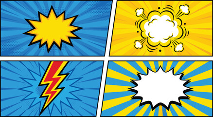 Pop art comic book banner background set featuring speech bubble explosion cloud lightning bolt and halftone sunburst effect vector illustration © MSTSULTANA