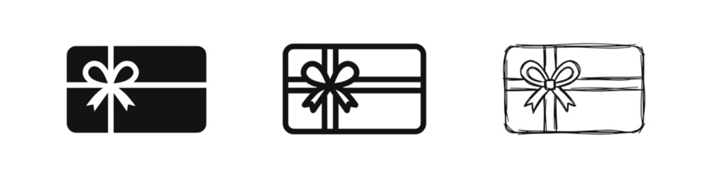 Gift Card or Present Icon Set with Ribbon Bow in Solid, Outline, and Hand-Drawn Styles