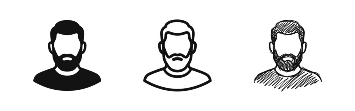 Bearded man avatar icon set in solid, outline, and sketch styles.