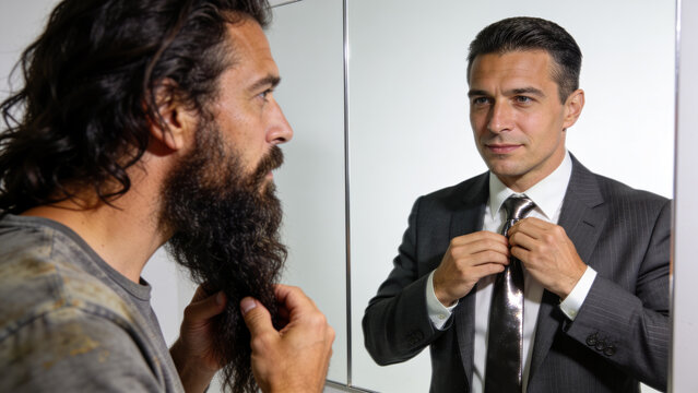 Man looking in mirror seeing his alter ego as a successful professional businessman. Hidden potential and future self concept
