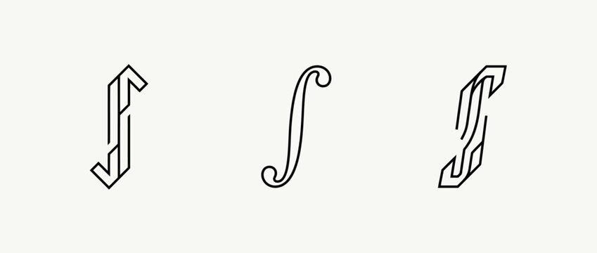 Three stylized script letters j s and f in decorative black and white typography